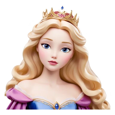 Cinematic Realistic Sleeping Beauty (Aurora) Portrait, with porcelain-like skin featuring a natural rosy flush, illuminated by soft lighting that highlights the gentle contours of her face. Her golden blonde hair flows in soft, detailed waves with subtle highlights that shimmer in the light. Her deep violet-blue eyes radiate warmth and innocence, framed by arched brows and long lashes. Her serene expression exudes quiet elegance. She is dressed in her classic pink gown, the fabric rich in texture with delicate folds that catch the light. A golden crown rests atop her head, gleaming with royal refinement. The portrait captures a soft, glowing aura, blending realism with an ethereal sense of beauty and timeless enchantment. sticker