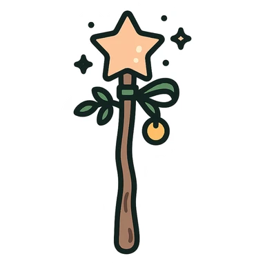 A cute and magical wand with an elegant, whimsical design, incorporating a color palette of golden orange (FA9B41), forest green (4A7C5C), soft taupe brown (96775A), and pastel peach (FFCC9A). The wand is slender and slightly curved, made of smooth wood with delicate carvings. At the top, there's a glowing gem or star in peachy tones, surrounded by tiny sparkles. Decorative elements like a ribbon, tiny leaves, or a small charm add a cozy, storybook-like charm. The overall look is gentle, enchanting, and magical, perfect for a forest fairy or a kindhearted young wizard sticker