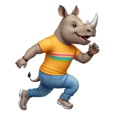 friendly anthropomorphised rhino in jeans and colourful t-shirt, wearing dark sunglasses, jogging upright, jumping with excitement, dynamic pose sticker