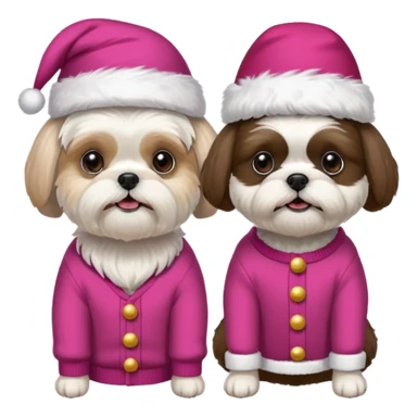 two dogs one little white all over shih tzu dog with pink santa hat and one bigger mostly white with black havanese dog wearing red christmas sweater and red christmas hat sticker