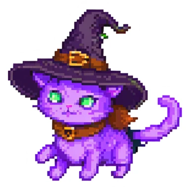 Make the purple witch cat with a hat fly in pixel art style with no background, transparent background. sticker