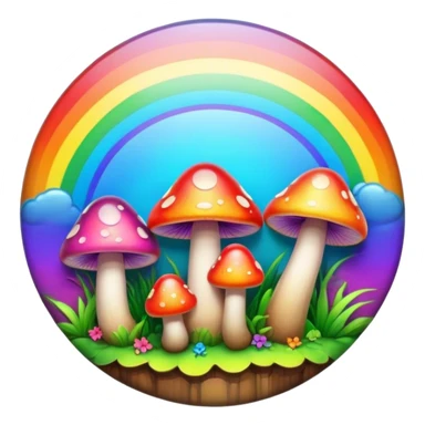 A round psychedelic colored button with bezeled edges and rainbow colored mushrooms sticker