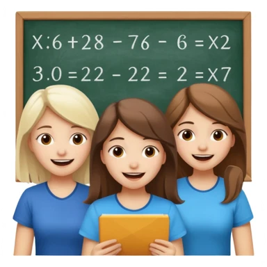 Mexican brown haired girl, white blond haired girl, and white brown haired girl all trying not to laugh while doing math sticker