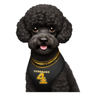 A black miniature poodle with a shaved face and a black collar with gold Versace emblems on it wearing an Arizona state #4 football jersey  sticker