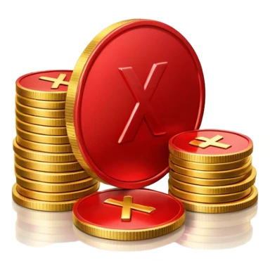 Apple emoji style, glossy 3D icon a red prohibition symbol (🚫) over a stack of shiny golden coins. The coins have soft reflections, rounded edges, and a small red X embossed on the top coin sticker