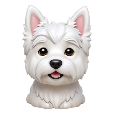 Cinematic Cute West Highland White Terrier Portrait Emoji, Head tilted playfully and inquisitively, featuring a fluffy, immaculate white coat with perky ears, round, sparkling dark eyes filled with curiosity, Simplified yet irresistibly adorable features, highly detailed, glowing with a warm, friendly glow, high shine, affectionate and lively, stylized with a touch of whimsy, bright and endearing, soft glowing outline, capturing the essence of a mischievous yet loving pup, so playful it feels like it could bound out of the screen and into your arms! sticker