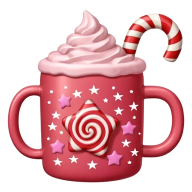 hot chocolate in red and pink pastel christmas mug with stars and candy cane, trendy aesthetic sticker