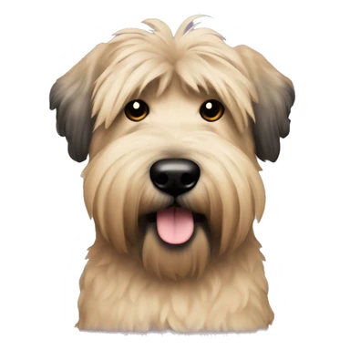 Wheaten terrier with long fluffy hair, black ears and black chin sticker