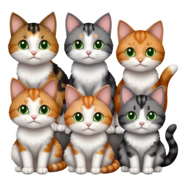 6 different coloured small cats including a dark grey and white, and a patchy calico, and a brown tabby and white,  and a completely solid dark grey with green eyes and only white paws sticker