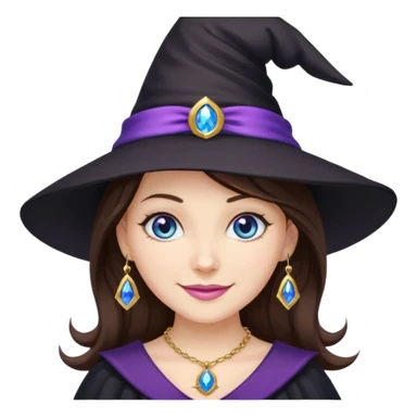 Witchy brunette haired blue eyed white girl with a witty smile a gold necklace and a black witch hat with a purple bow sticker