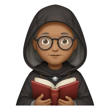 Monk priest prayer black habit with hood round black glasses done light brown wavy hair under hood remove the medallion smaller more round glassed age 46 no necklace more oval face hand holding book that says RB 480 top left is great add a little hair brown gray under hood  sticker