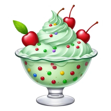 mint chip ice cream with cherry on top and sprinkles in a ruffled glass bowl sticker