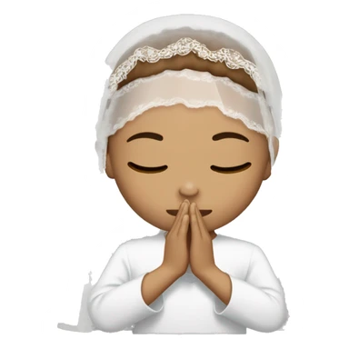 Light skin girl praying with eyes closed and lace white veil with brown boy sticker