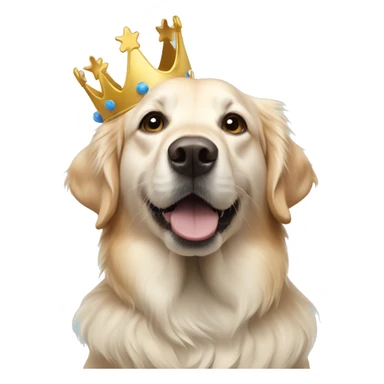 A white, golden retriever with a blue birthday crown sticker