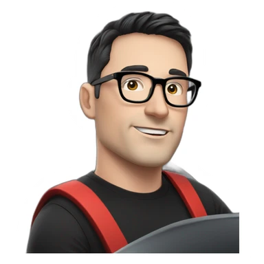 middle-age-lean-white-man-with-black-hair-&-glasses-wearing-tesla-t-shirt-inside-left-drive-black-tesla-model-3 sticker