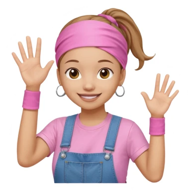 Light skin woman with brown ponytail and light pink head bandana. pink t-shirt with denim overalls. Expression is friendly with big smile and waving hello sticker