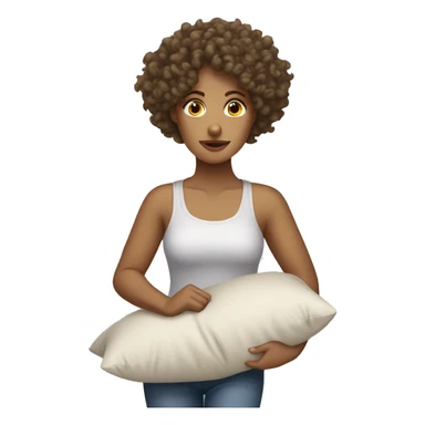 curly haired woman with light tanned skin walking tired dragging a pillow sticker