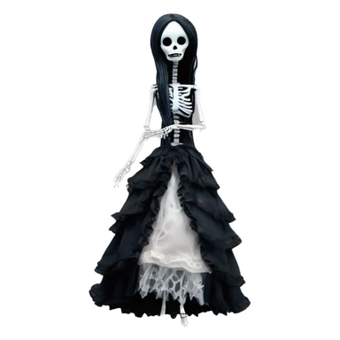 full height skeleton, tim burton "corpse bride", thin porcelain doll with a cracked face, goth makeup watery eyes, long hair, lace and ruffles, lolita style, inked, black and white, red roses sticker
