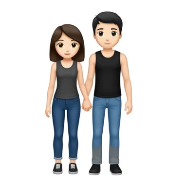 A girl with long brown hair holding the hand of a boy with short black hair, she wearing a black tank top with flared blue jeans, he wearing a black t-shirt with grey jeans, couple in love sticker