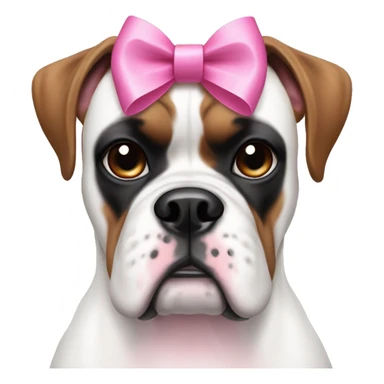 white boxer dog face with some black and pink features, with a pink bow on her head that has long ribbons sticker