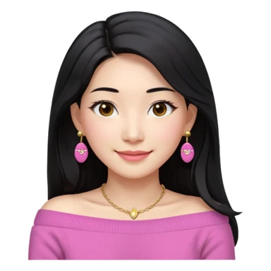 South Korean girl in her mid-thirties with long black hair parted in the middle. She is wearing a pink, off the shoulder long sleeve knit sweater, extra small gold earrings and a gold necklace. She has brown eyes with narrow, mono lid shape and smiling with lips together sticker