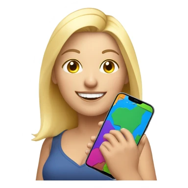 overweight blondie woman happy with a smartphone in hands showing colorfull charts sticker