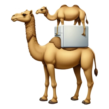 An appliance hybrid with a refrigerator body, a long-necked camel head emerging from the top, and four camel legs with hooves wearing yellow-brown Timberland boots sticker
