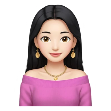 South Korean girl in her mid-thirties with long black hair with a middle part. She is wearing a pink, off the shoulder long sleeve knit sweater, extra small gold earrings and a gold necklace. She has brown eyes with narrow, mono lid shape and smiling with lips together sticker