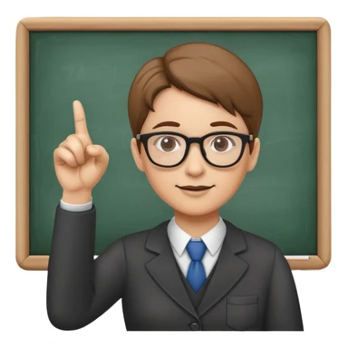 Teacher with glasses pointing at a chalkboard sticker