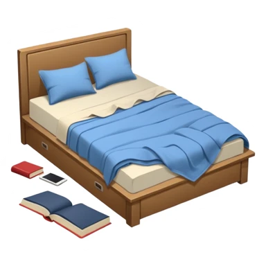 messy bed with a wrinkled blanket, the pillow out of place on the floor. Around the bed, scattered items include a t-shirt, pants, and an open book on the floor. sticker