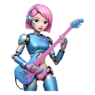 a cyper robot carry her note and electric guitar and try to change the world with pink and bluecolor sticker
