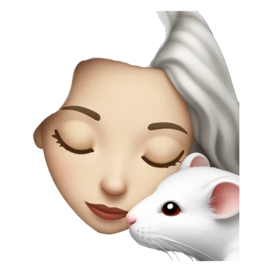 white brunette sleeping woman cuddling with one tiny white rat with red eyes sticker