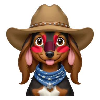 mostly black with some brown long hair daschund with a cowboy hat, ears curl out a bit and bandana and tongue slightly out sticker