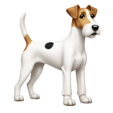 a dog with a black-brown muzzle, completely white paws and body, and a small black spot on the left side of the body, the name of the breed is that fox terrier sticker