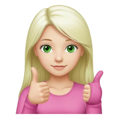 Long platinum blonde hair girl with green eyes in  pink top showing a thumbs up  sticker