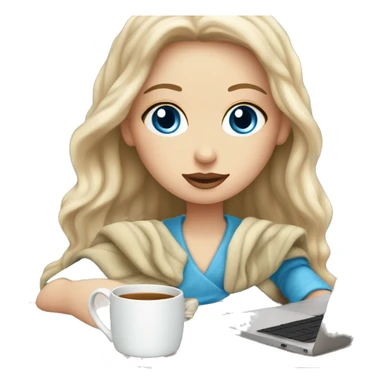 White Girl with blue eyes drinking tea with blanket on a macbook sticker