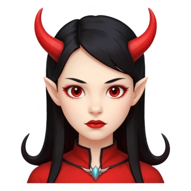 Head only demon girl; face with pronounced cheekbones and angular jaw; skin is uniform pure red (#FF0000) everywhere; long straight smooth black hair; small horns sticker