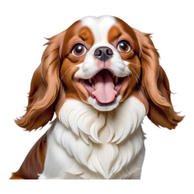 Cinematic Cute Yawning Blenheim Cavalier King Charles Spaniel Portrait Emoji, Head tilted slightly with a dramatic, wide-open yawn, soft Blenheim coat with delicate chestnut and white markings, floppy ears slightly drooping, round brown eyes barely open in drowsy contentment, Simplified yet irresistibly adorable features, highly detailed, glowing with a soft, cozy glow, high shine, relaxed yet expressive, stylized with a touch of whimsy, bright and endearing, soft glowing outline, capturing the essence of a sleepy yet affectionate companion, so drowsy it feels like it could stretch right out of the screen and curl up for a nap! sticker