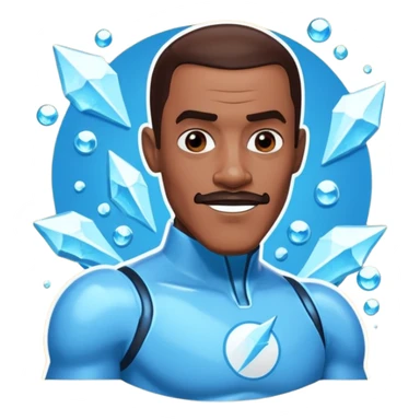 Frozone character in retro stickers style, dynamic pose, icy effects, bold outlines, vibrant colors he says "c'est carré dans l'axe" sticker
