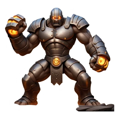 Cinematic Fierce Mighty Iron Golem Portrait Emoji Depicted mid-action in a dynamic, battle-ready stance, massive fists clenched, the ancient metallic plates along its form shifting with raw power. Its eyes blaze like molten fire within a carved, rune-etched face, exuding both divine purpose and mechanical precision. Weathered steel and dark bronze tones are accented by glowing, arcane inscriptions, each detail meticulously crafted with lifelike metallic reflections. High shine, imposing yet regal, styled with an air of indestructible might, soft glowing outline, capturing the essence of an unstoppable colossus that looks ready to charge forth with a thunderous step! sticker