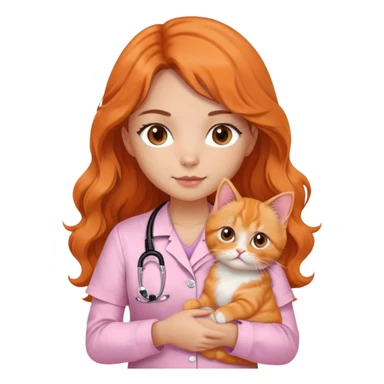 a girl with long way hair and dark brown eyes, wearing a plain baby pink fitted shirt with a stethoscope on her neck while holding her orange persian cat sticker