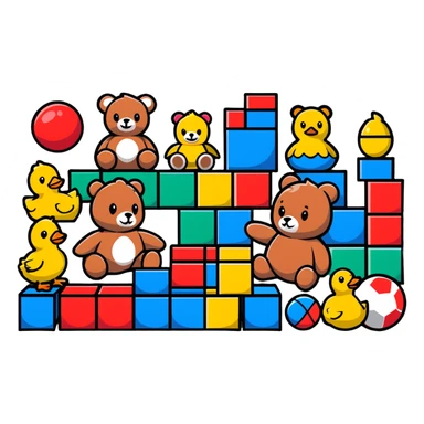 Colorful toys scattered together - teddy bear, rubber duck, toy blocks, ball, and action figures sticker