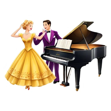 A vintage movie poster-style design featuring musical notes, a shining spotlight, and performers in glamorous costumes. Include elements like a dancing couple, a grand piano, and colorful stage lights. Retro cinematic flair with a lively and joyful atmosphere. Transparent background. sticker