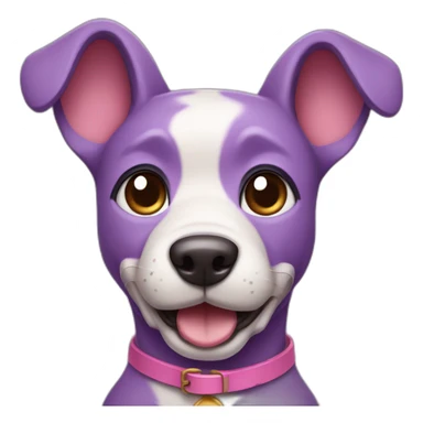 a purple dog with a brown nose and a pink collar with a bone happy  sticker