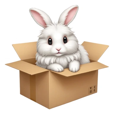  A very cute young Angora long rabbit  with one's head tilted to one side poked its paws out of the cardboard big box and placed them on top of it sticker