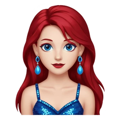 Chappell Roan (b.1998) with long dark red hair, red sequin crop top, red earring, blue eye, makeup sticker