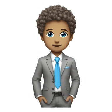 Little young  gentleman wearing a grey suit with white shirt and baby blue tie with blue eyes , white  skin and brown curly hair and full body . Wearing a watch  sticker