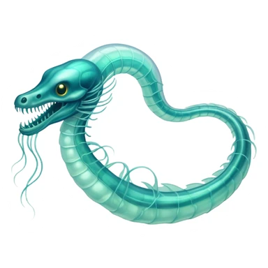 A phosphorescent deep-sea serpent with translucent scales that reveal its glowing skeleton, possessing both jellyfish-like tendrils and the ability to generate electrical pulses that illuminate the ocean depths. sticker