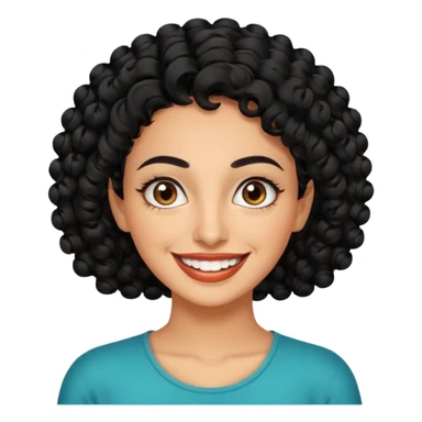 30 year old iranian woman very short curly black hair, big brown eyes, tanned skin, big smile, white teeth, pretty sticker