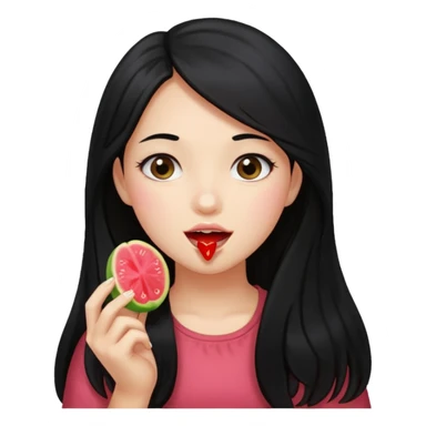 A girl with long black hair holding a piece of guava hard candy and pretending to eat it sticker